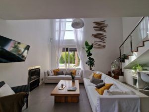 Salón comedor con television, chimenea y vistas al jardin