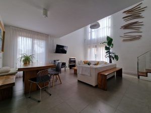 Salon con comedor, espacio de trabajo y chimenea.